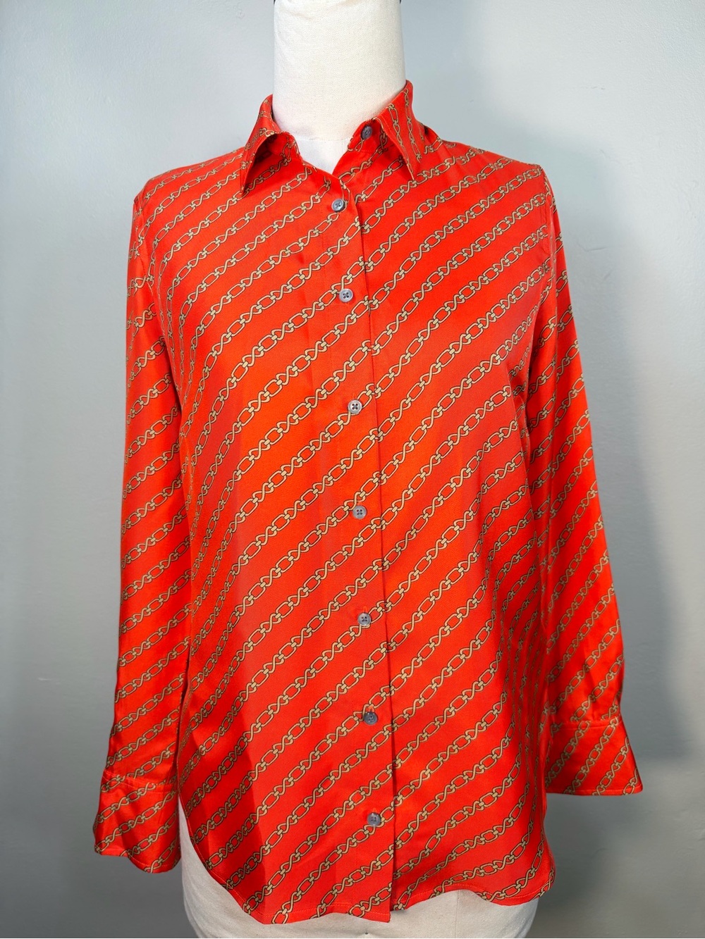 J. Crew Orange Chain-Print Button-Down Blouse 100% silk